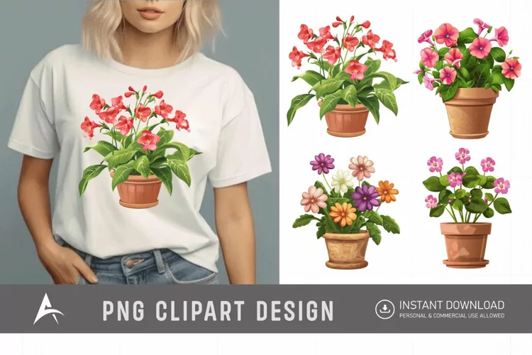 Watercolor Impatiens Flowers In Pots Clipart