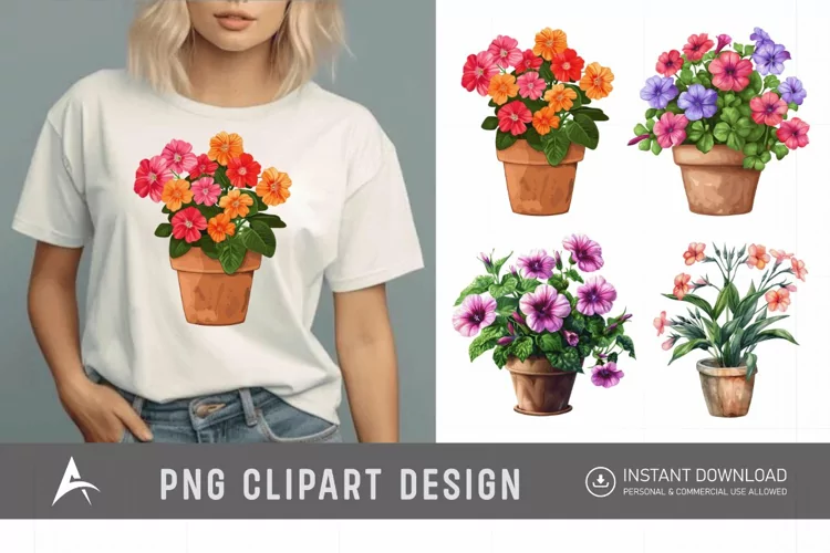 Watercolor Impatiens Flowers In Pots Clipart