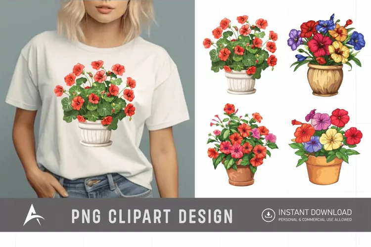 Watercolor Impatiens Flowers In Pots Clipart