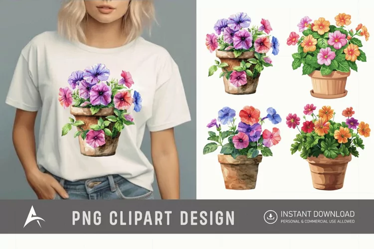 Watercolor Impatiens Flowers In Pots Clipart
