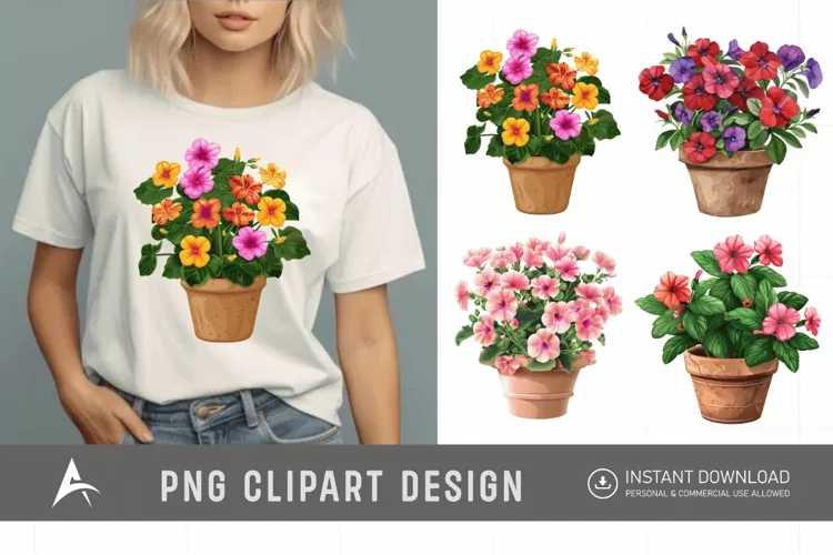 Watercolor Impatiens Flowers In Pots Clipart