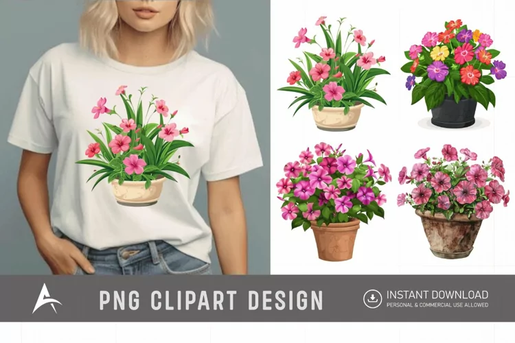 Watercolor Impatiens Flowers In Pots Clipart
