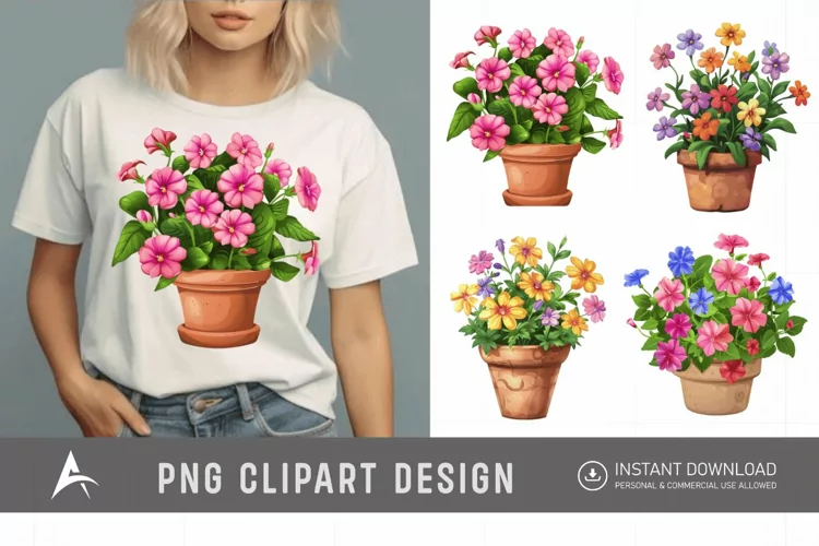 Watercolor Impatiens Flowers In Pots Clipart