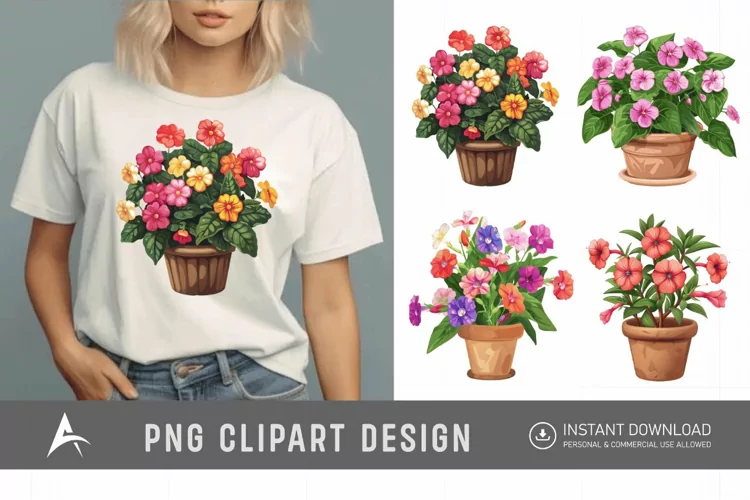 Watercolor Impatiens Flowers In Pots Clipart