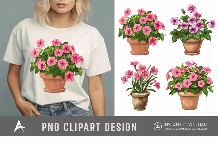 Watercolor Impatiens Flowers In Pots Clipart