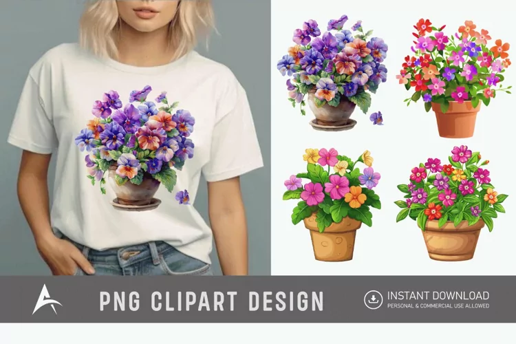 Watercolor Impatiens Flowers In Pots Clipart