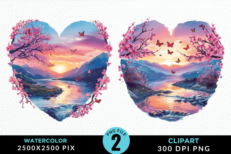 Watercolor Japanese Landscape Heart Clipart