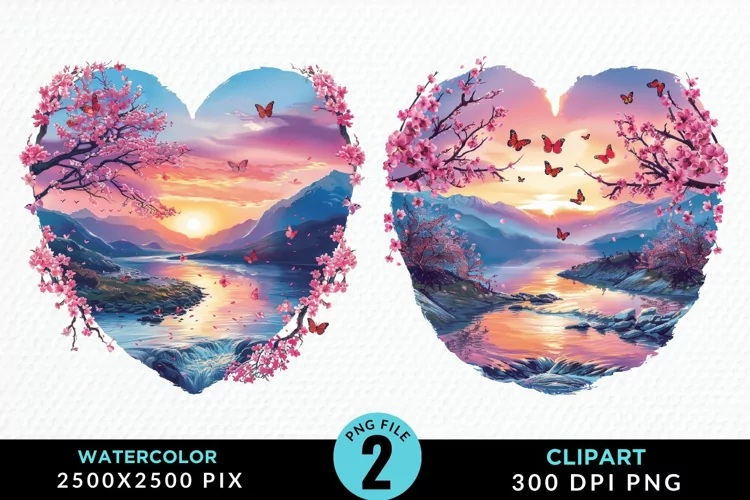 Watercolor Japanese Landscape Heart Clipart