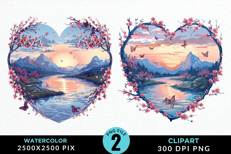 Watercolor Japanese Landscape Heart Art Clipart