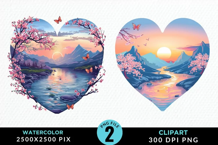 Watercolor Japanese Landscape Heart Clipart