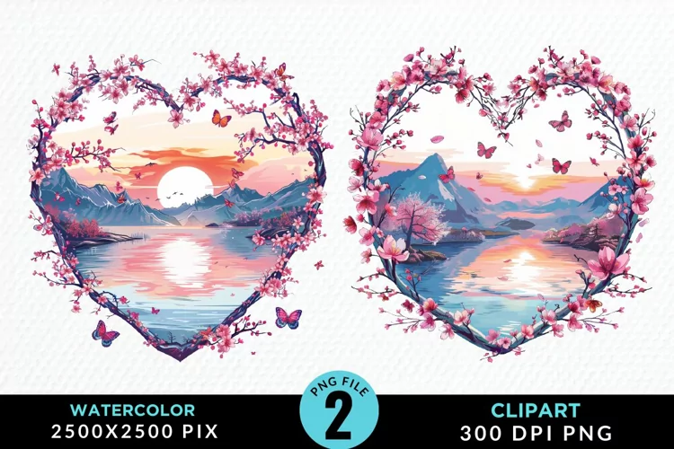 Watercolor Japanese Landscape Heart Clipart