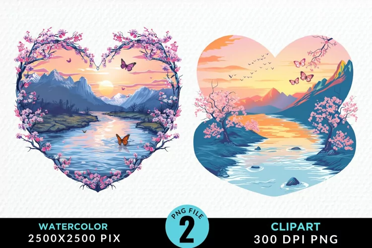 Watercolor Japanese Landscape Heart Art Clipart