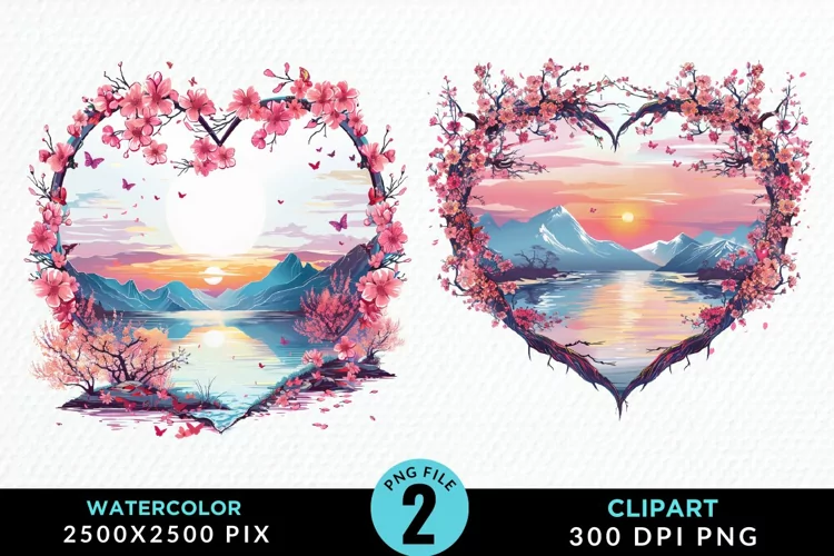 Watercolor Japanese Landscape Heart Clipart