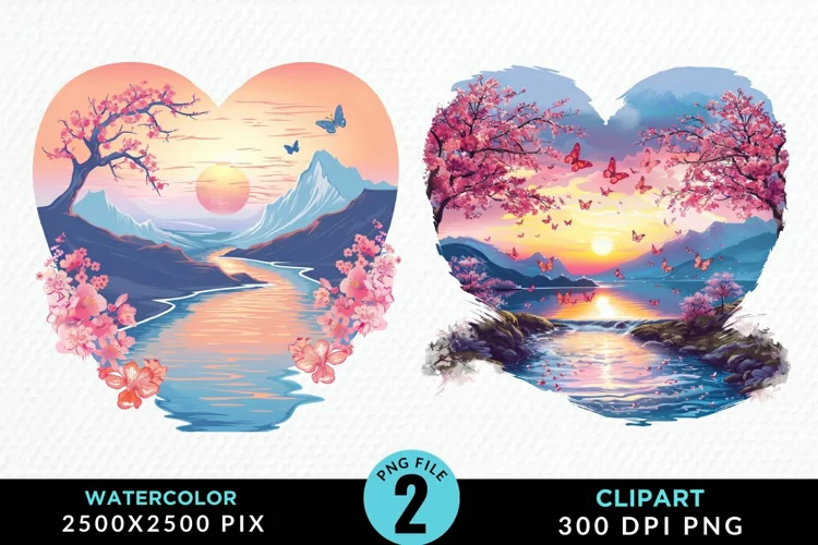 Watercolor Japanese Landscape Heart Clipart