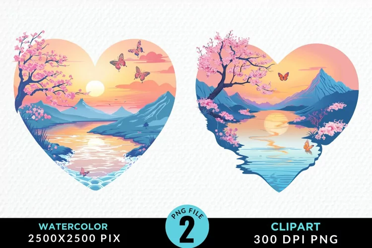 Watercolor Japanese Landscape Heart Art Clipart
