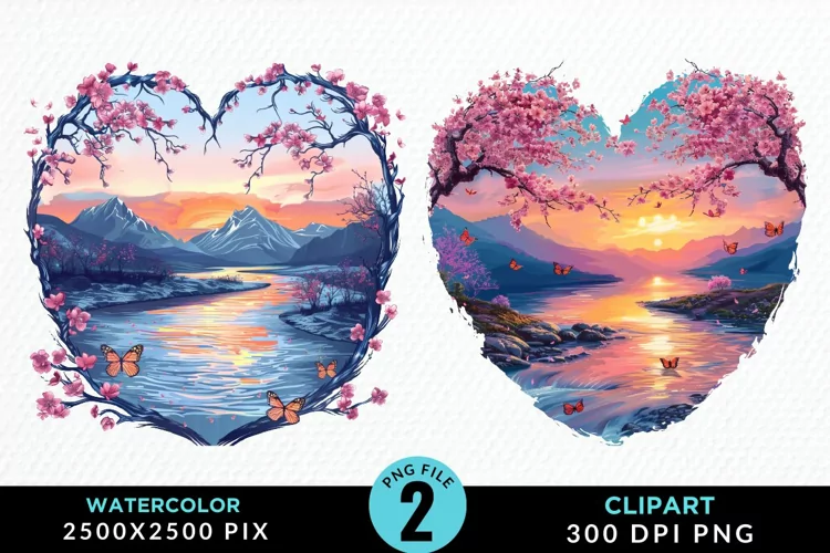Watercolor Japanese Landscape Heart Clipart