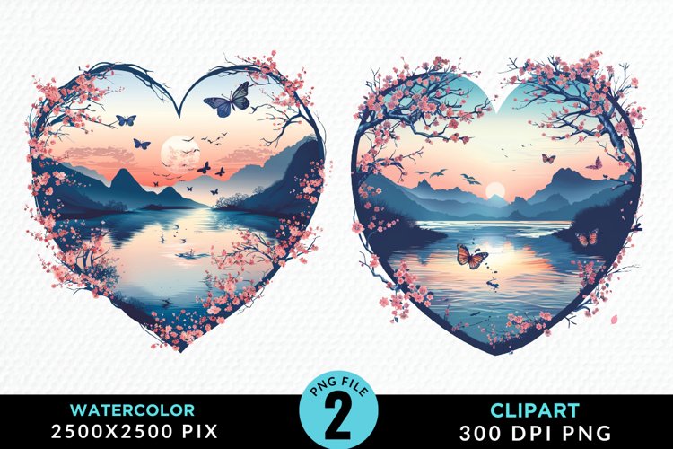 Watercolor Japanese Landscape Heart Art Clipart