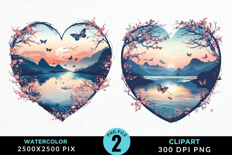 Watercolor Japanese Landscape Heart Art Clipart