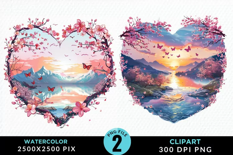 Watercolor Japanese Landscape Heart Clipart