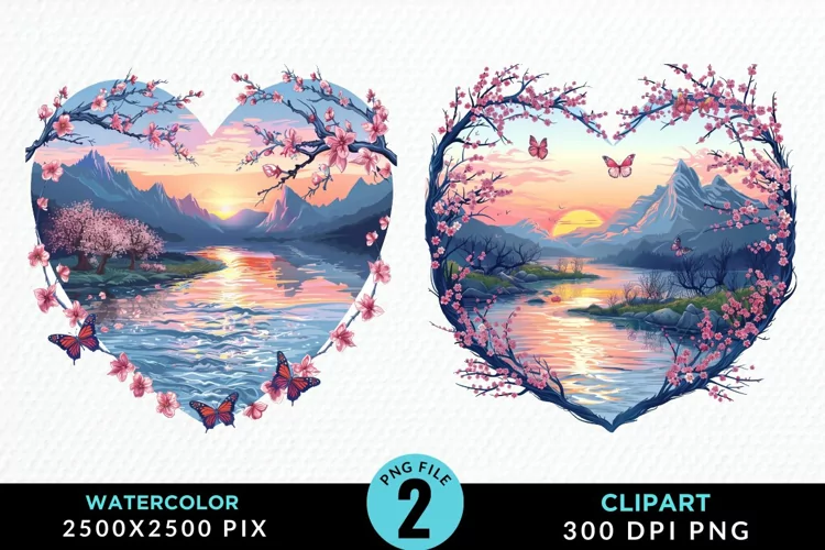 Watercolor Japanese Landscape Heart Clipart