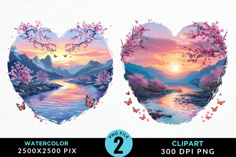 Watercolor Japanese Landscape Heart Clipart