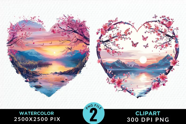 Watercolor Japanese Landscape Heart Art Clipart