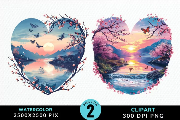 Watercolor Japanese Landscape Heart Clipart