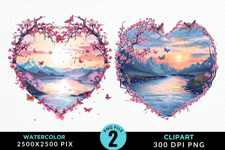 Watercolor Japanese Landscape Heart Art Clipart