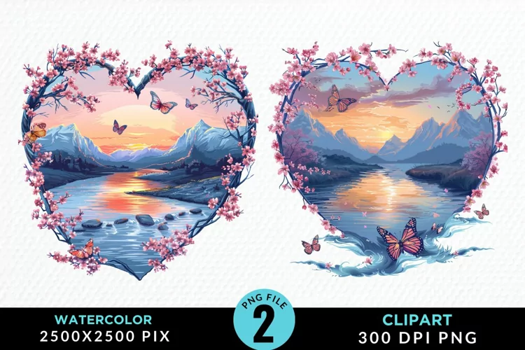 Watercolor Japanese Landscape Heart Clipart