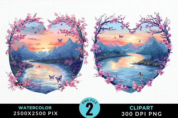 Watercolor Japanese Landscape Heart Clipart
