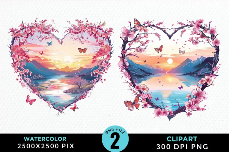Watercolor Japanese Landscape Heart Clipart