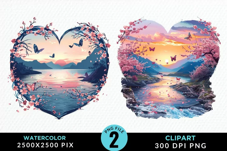 Watercolor Japanese Landscape Heart Clipart