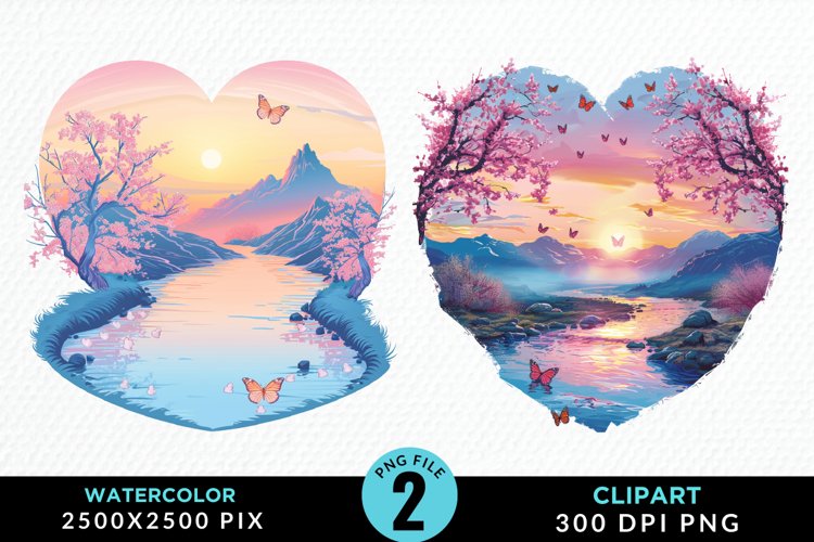 Watercolor Japanese Landscape Heart Clipart