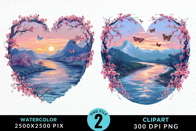 Watercolor Japanese Landscape Heart Art Clipart