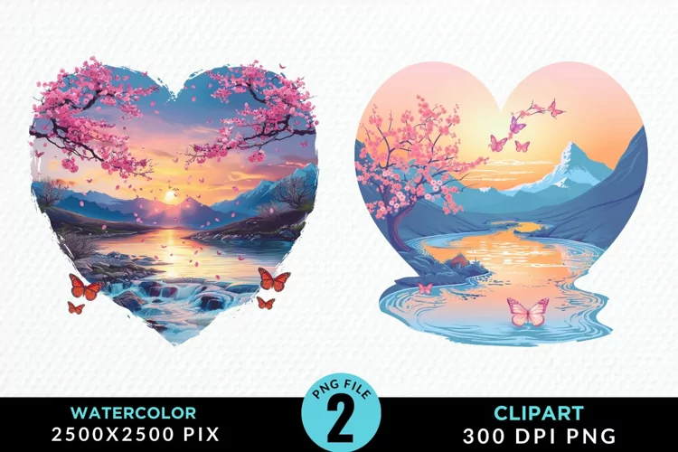Watercolor Japanese Landscape Heart Clipart