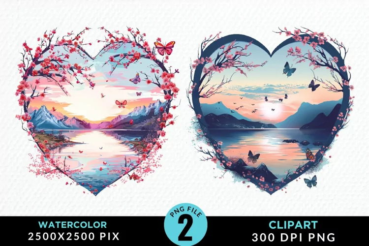 Watercolor Japanese Landscape Heart Clipart