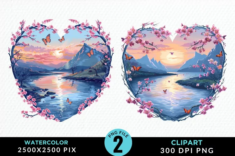 Watercolor Japanese Landscape Heart Clipart