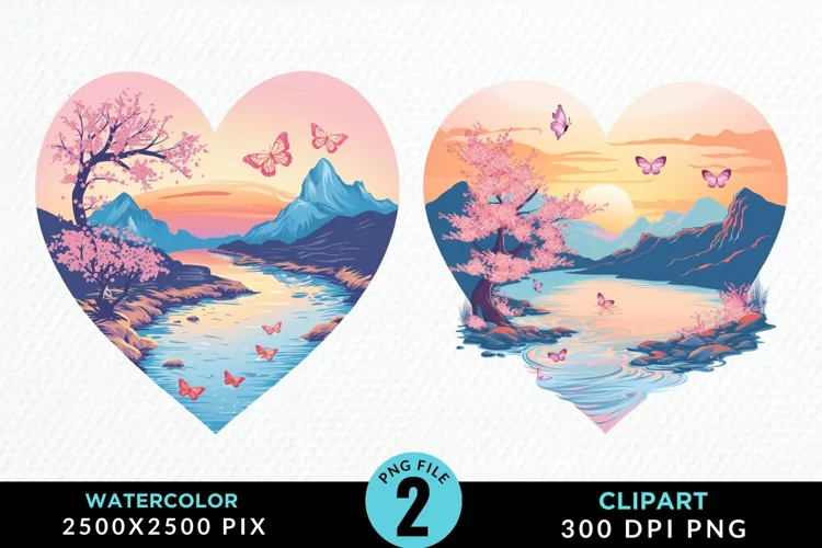 Watercolor Japanese Landscape Heart Clipart
