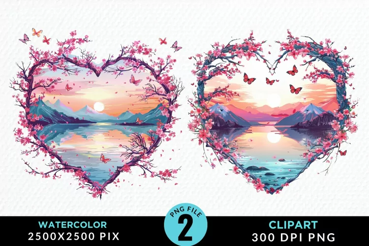 Watercolor Japanese Landscape Heart Art Clipart