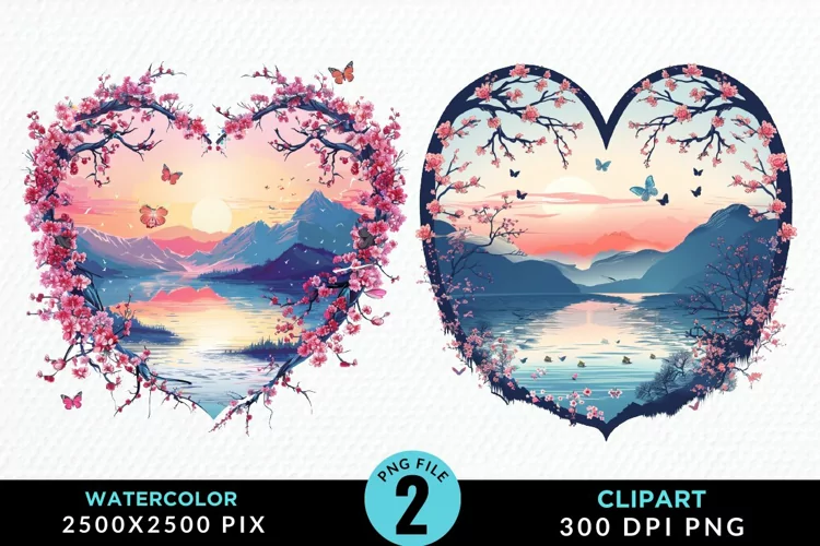 Watercolor Japanese Landscape Heart Clipart