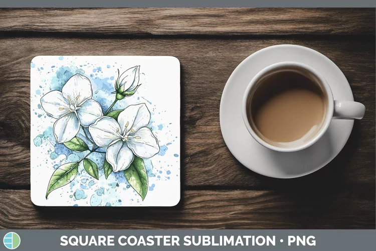 Watercolor Jasmine Square Coaster Sublimation Coaster Design