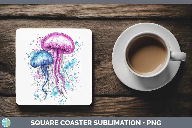 Watercolor Jelly Fish Square Coaster Sublimation Coaster Des
