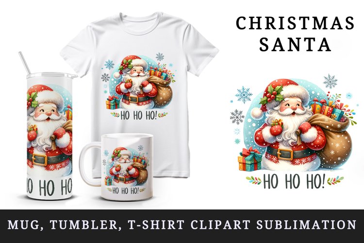 Watercolor jolly Santa Claus sack full gift snowflakes Ho Ho Ho quote print 20 oz tumbler skinny mug wrap clipart t-shirt sublimation printable design