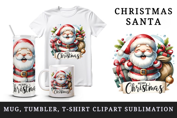 Watercolor jolly Santa Claus sack of gifts Merry Christmas quote print 20 oz tumbler skinny mug wrap clipart t-shirt sublimation printable design