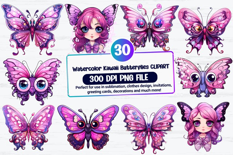 Watercolor Kawaii Butterflies Clipart example image 1