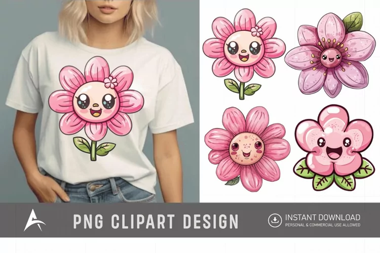 Watercolor Kawaii Flower Clipart