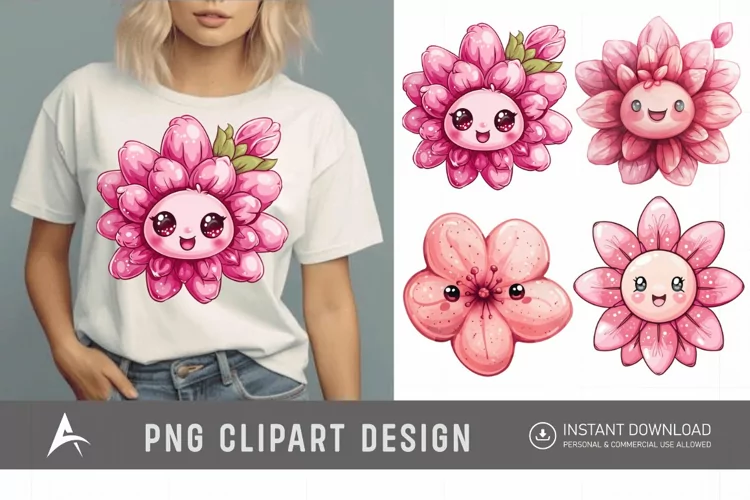 Watercolor Kawaii Flower Clipart