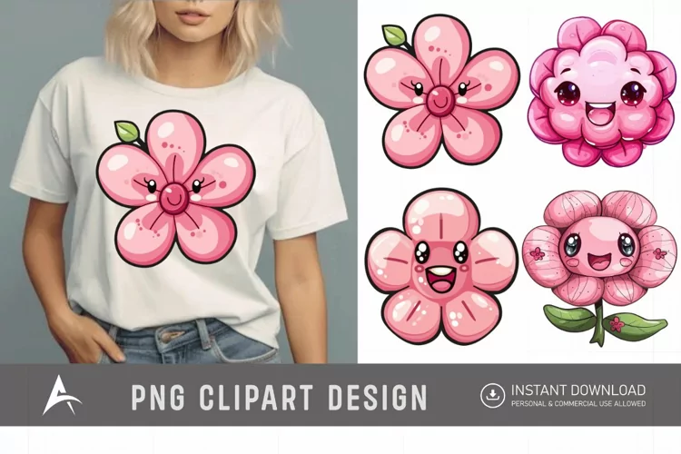 Watercolor Kawaii Flower Clipart