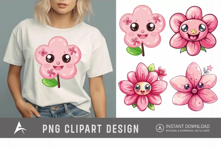 Watercolor Kawaii Flower Clipart