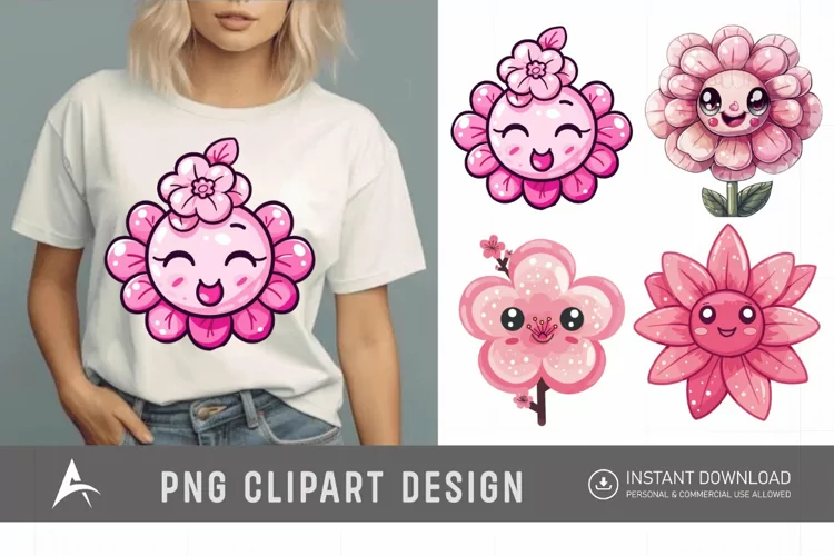 Watercolor Kawaii Flower Clipart